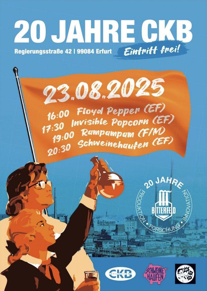 Flyer für die große Geburtstagssause der Café Kunst Bar (CKB) am 23.08.2025 im Erfurt.